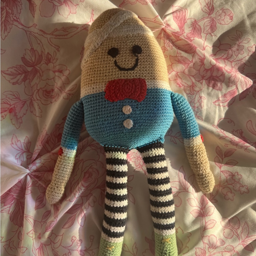 Handmade Crochet Stuffed Character - Blue Body with Red Bow